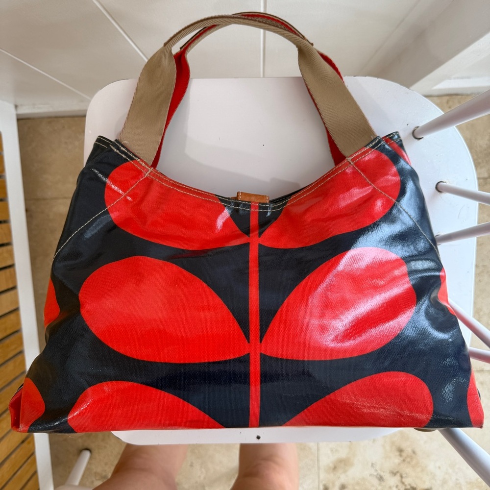 Vintage Orla Kiely Red Navy Blue Solid Stem Shoulder Bag Tote Floral Handbag - Picture 11 of 16